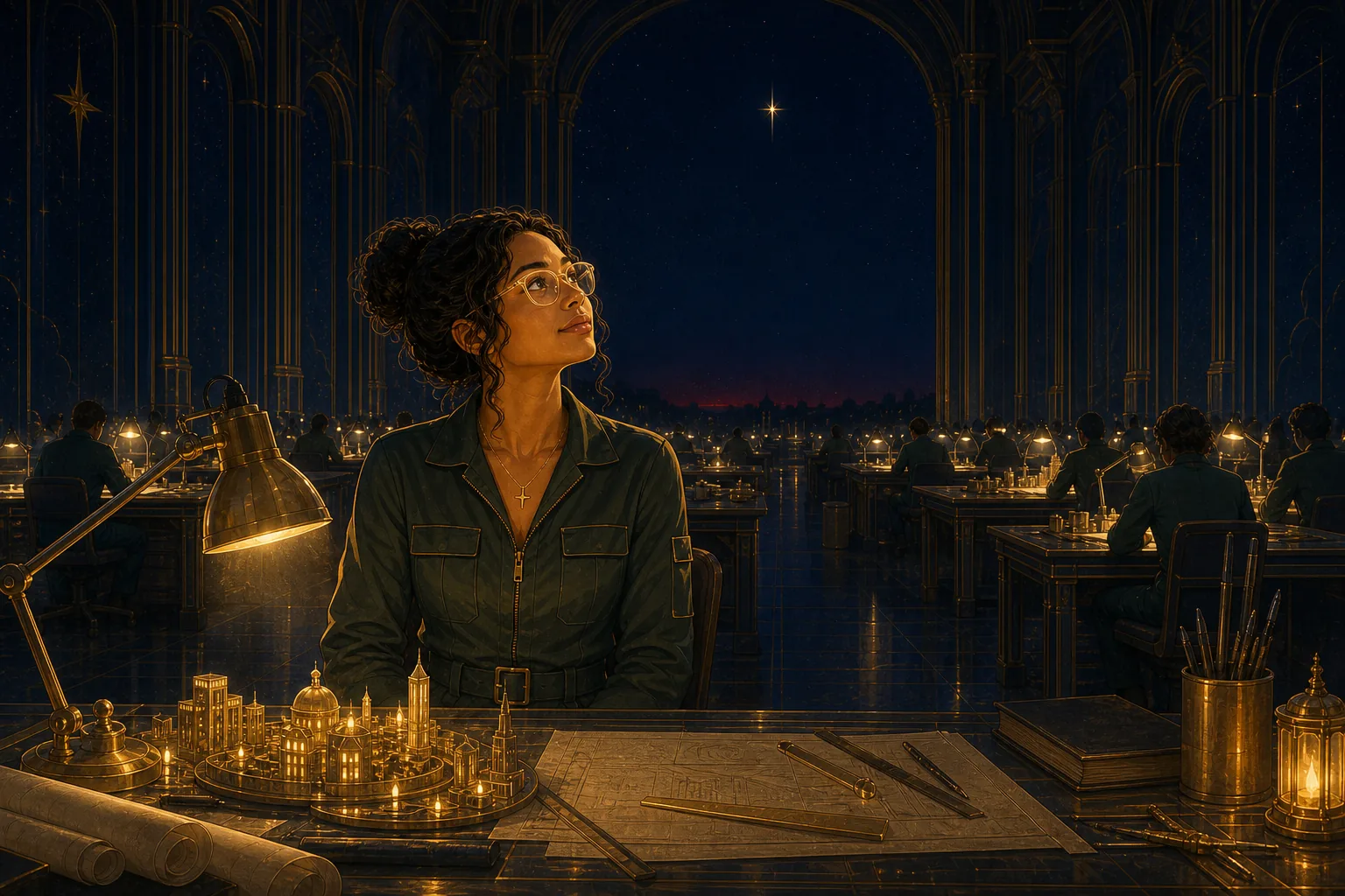One engineer alone at a lamplit workbench in a vast dark hall, every other worker turned away