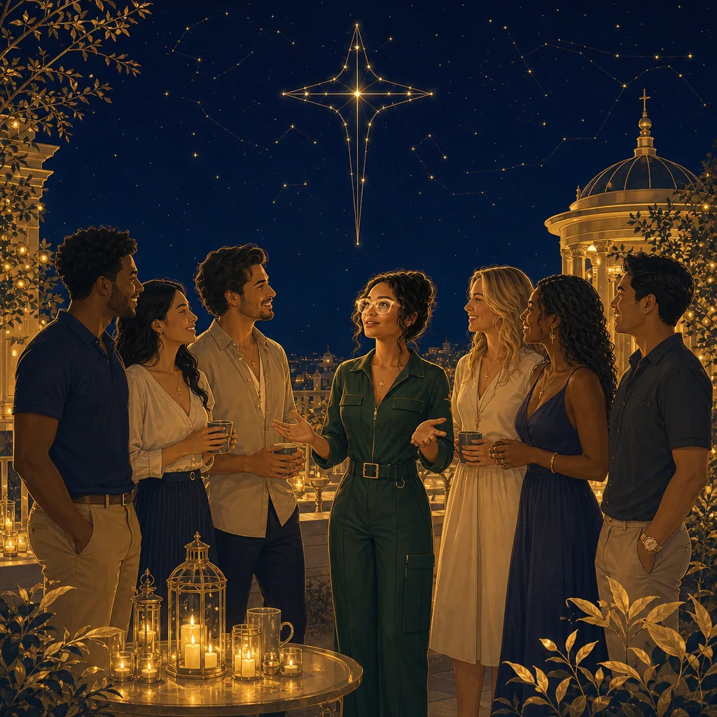 The same builder among companions, the stars above them now joined into a North Star Cross